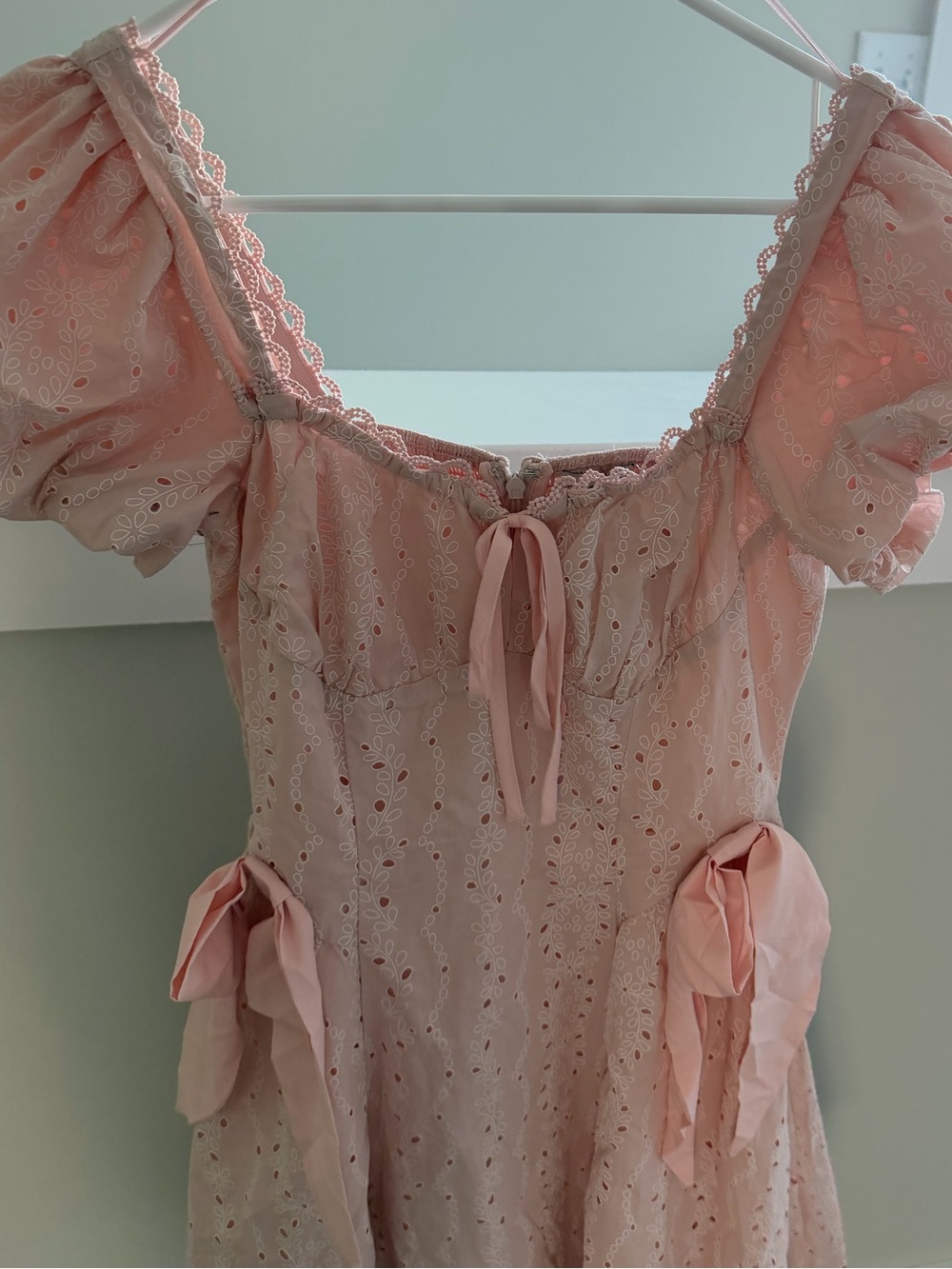 Moon River Pale Pink Eyelet Puff Sleeve Dress
